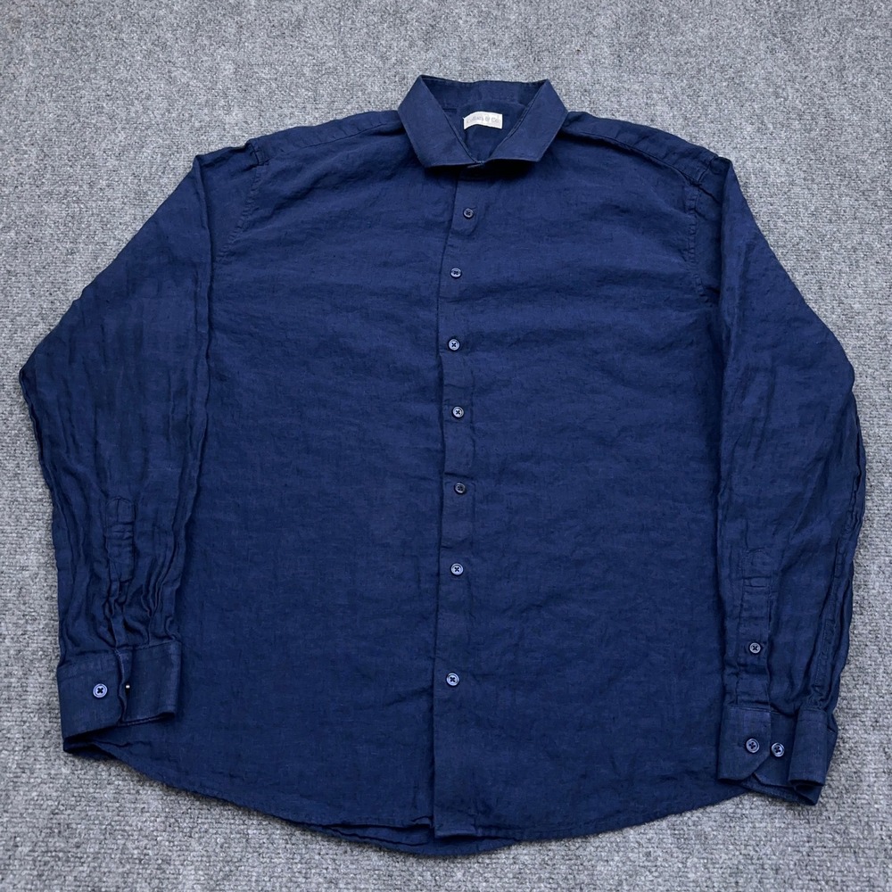 Collars & Co. Toscano Linen Shirt Men's 2XL Navy Long Sleeve Button Front